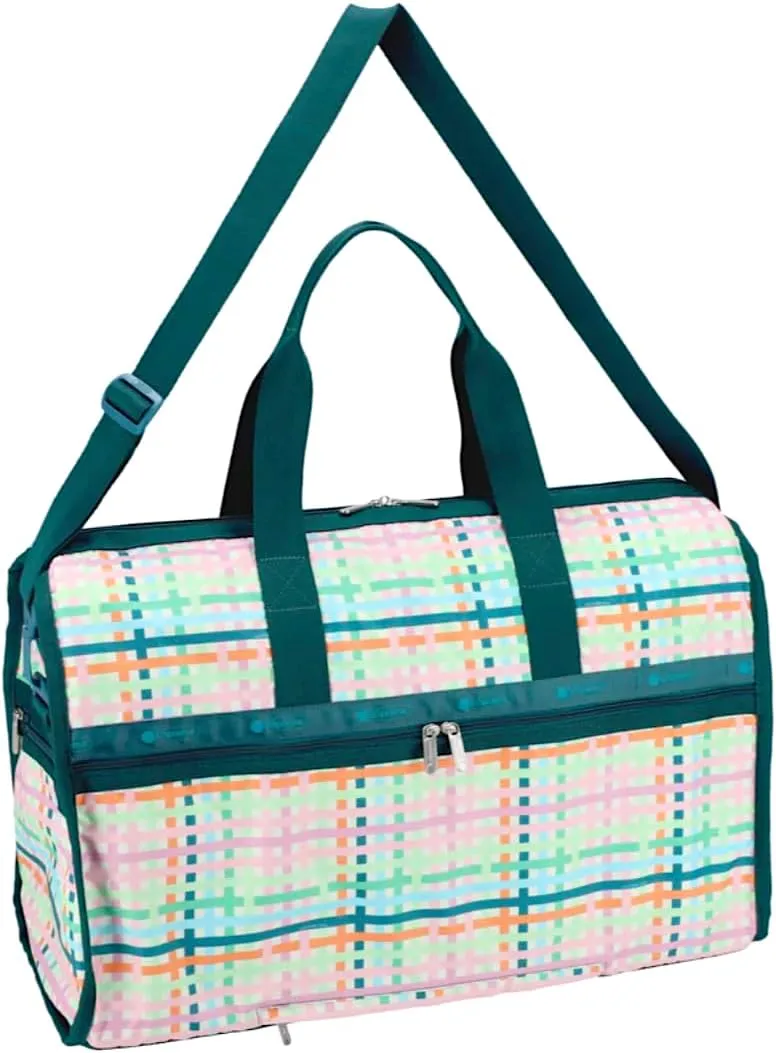 LeSportsac Mason Madras Deluxe Large Weekender Crossbody Bag, Style 4319/Color E875, Festive Tropical Hues, Modern & Fun Interpretative Plaid Design, Lively Weave Design, Chevron Background