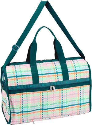 LeSportsac Mason Madras Deluxe Large Weekender Crossbody Bag, Style 4319/Color E875, Festive Tropical Hues, Modern & Fun Interpretative Plaid Design, Lively Weave Design, Chevron Background