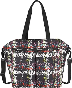 LeSportsac Running Weave Large Ever Tote Handbag/Satchel & Convertible Crossbody   Top Handle Tote & Cosmetic Bag, Style 3802/Color E474, Festive Colorful Confetti Style Abstract Interpretative Plaid