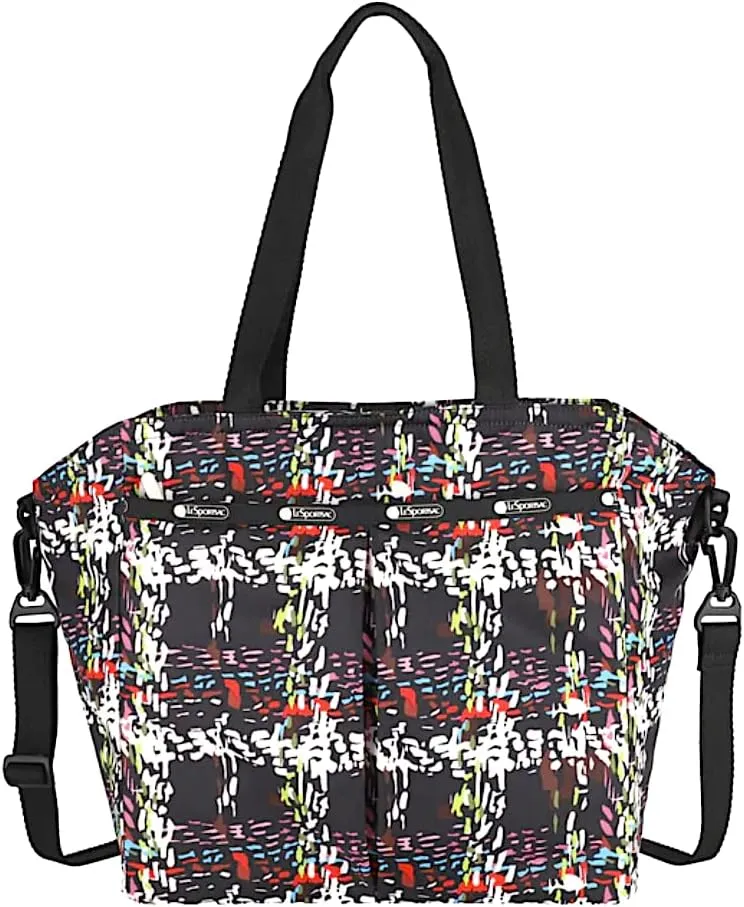 LeSportsac Running Weave Large Ever Tote Handbag/Satchel & Convertible Crossbody   Top Handle Tote & Cosmetic Bag, Style 3802/Color E474, Festive Colorful Confetti Style Abstract Interpretative Plaid