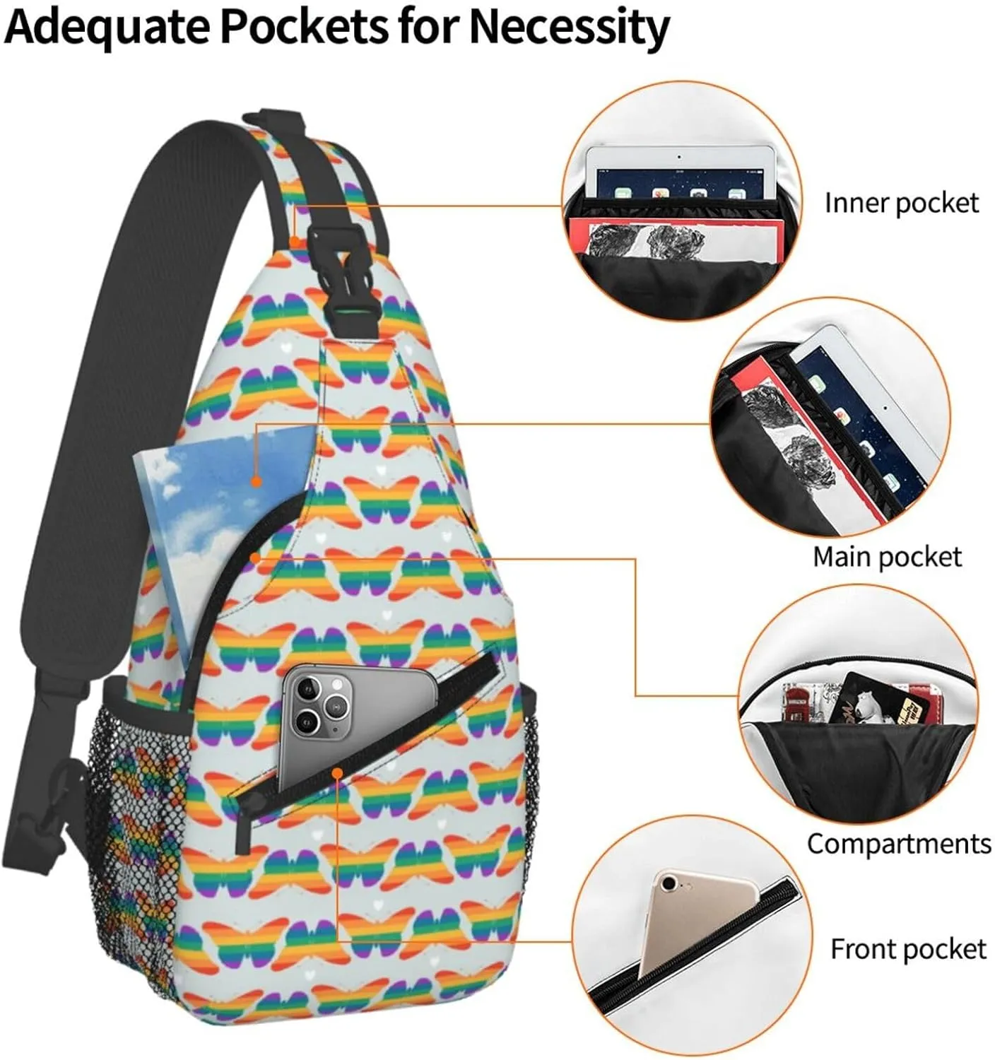 LGBT Gay Pride Love Rainbow Heart Crossbody Bag Adjustable Sling Bag Casual Chest Bags Travel Shoulder Backpack