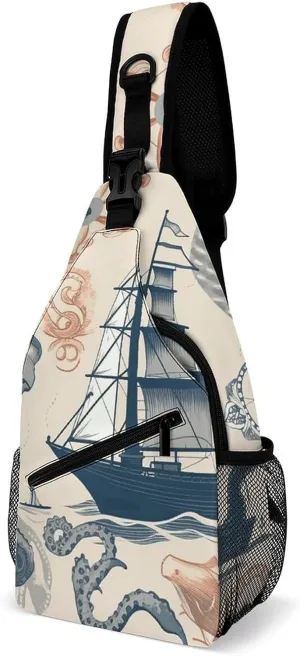 Lighthouse Sailboat Octopus Sling Bag for Men Women Travel Crossbody Bags Large Hiking Sling Backpack Chest Bag Man Purse