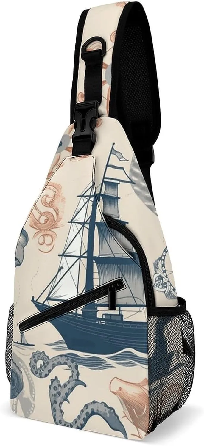 Lighthouse Sailboat Octopus Sling Bag for Men Women Travel Crossbody Bags Large Hiking Sling Backpack Chest Bag Man Purse