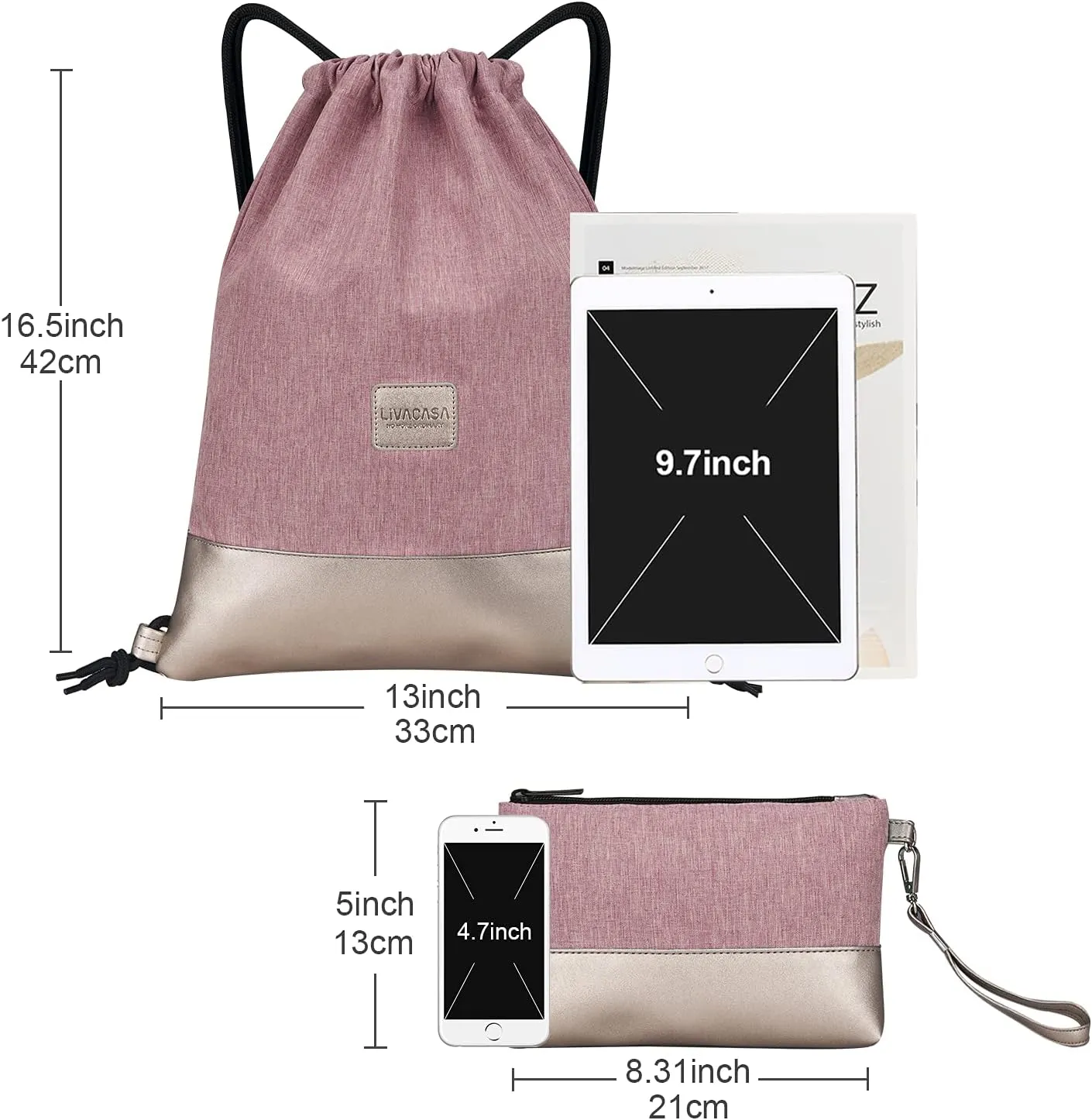 LIVACASA Drawstring Backpack Bag Sports Gym Bag Large Water-Resistant Sackpack Inside Zipper Pocket 13x16.9 Inches for Men Women Pink PU