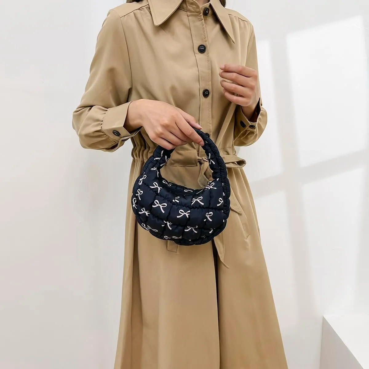 Lmbabter Bow Tote Bag for Women Small Quilted Handbag Purse Lightweight Puffer Hobo Bag Pouch Stylish Carryall Daypack