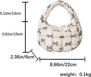 Lmbabter Bow Tote Bag for Women Small Quilted Handbag Purse Lightweight Puffer Hobo Bag Pouch Stylish Carryall Daypack