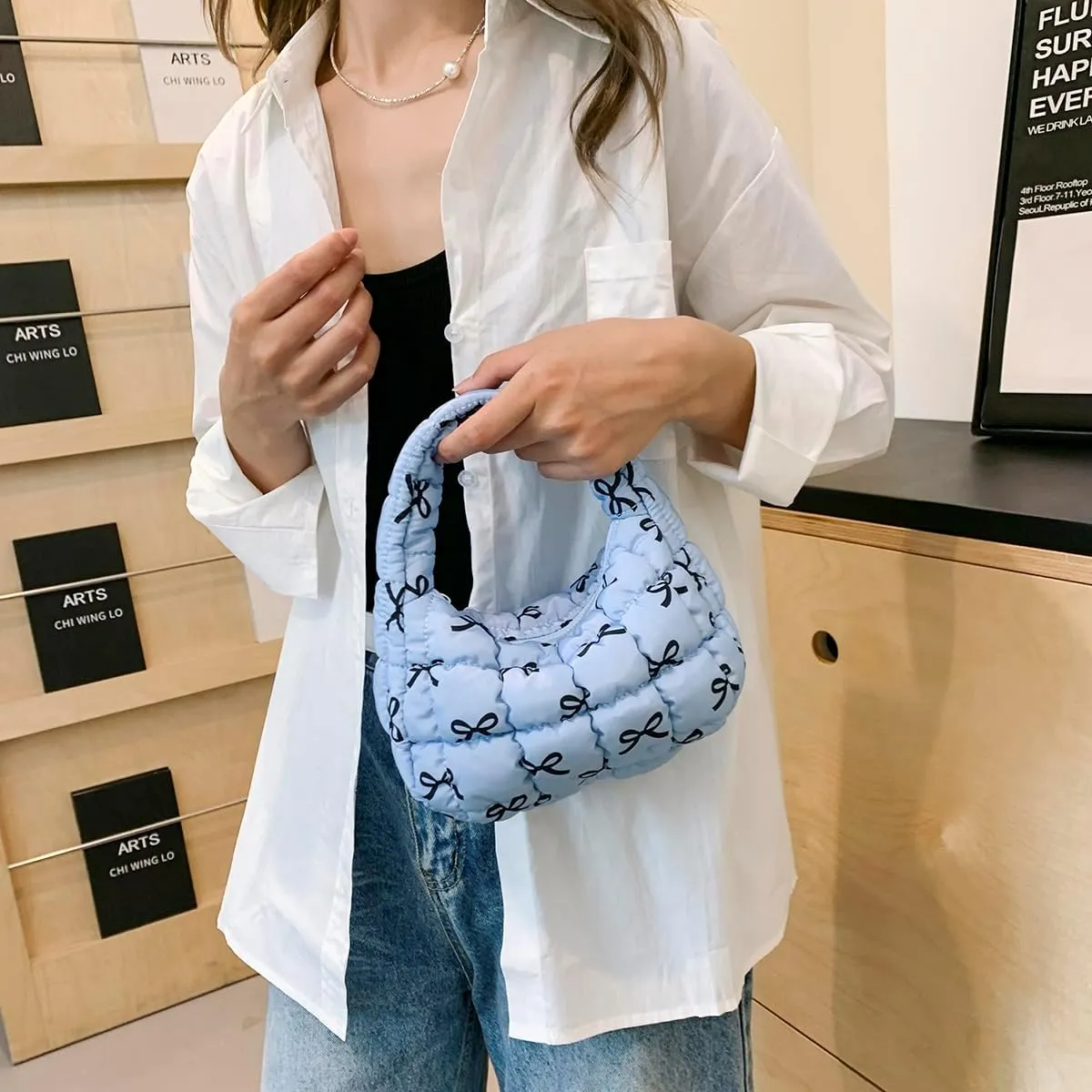 Lmbabter Bow Tote Bag for Women Small Quilted Handbag Purse Lightweight Puffer Hobo Bag Pouch Stylish Carryall Daypack