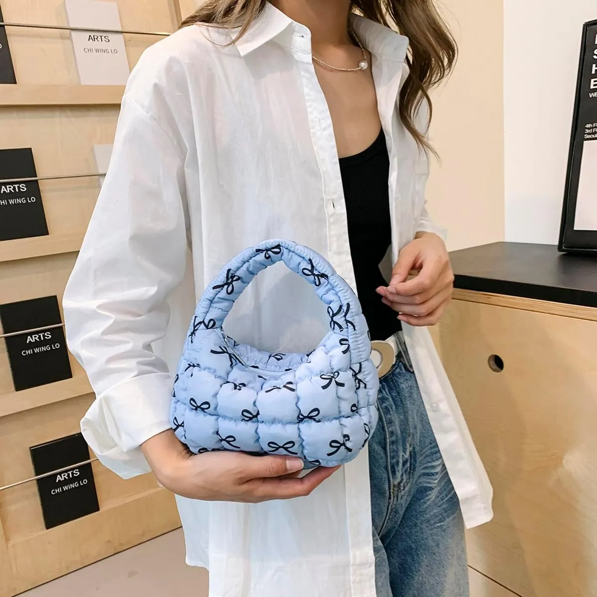 Lmbabter Bow Tote Bag for Women Small Quilted Handbag Purse Lightweight Puffer Hobo Bag Pouch Stylish Carryall Daypack