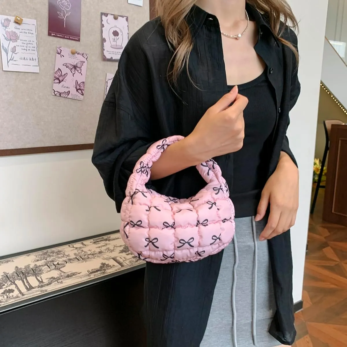 Lmbabter Bow Tote Bag for Women Small Quilted Handbag Purse Lightweight Puffer Hobo Bag Pouch Stylish Carryall Daypack