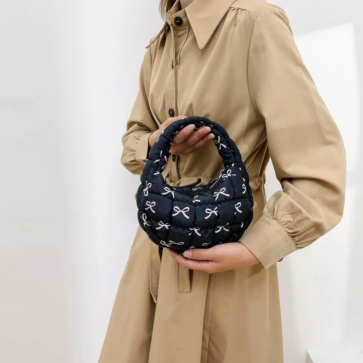 Lmbabter Bow Tote Bag for Women Small Quilted Handbag Purse Lightweight Puffer Hobo Bag Pouch Stylish Carryall Daypack