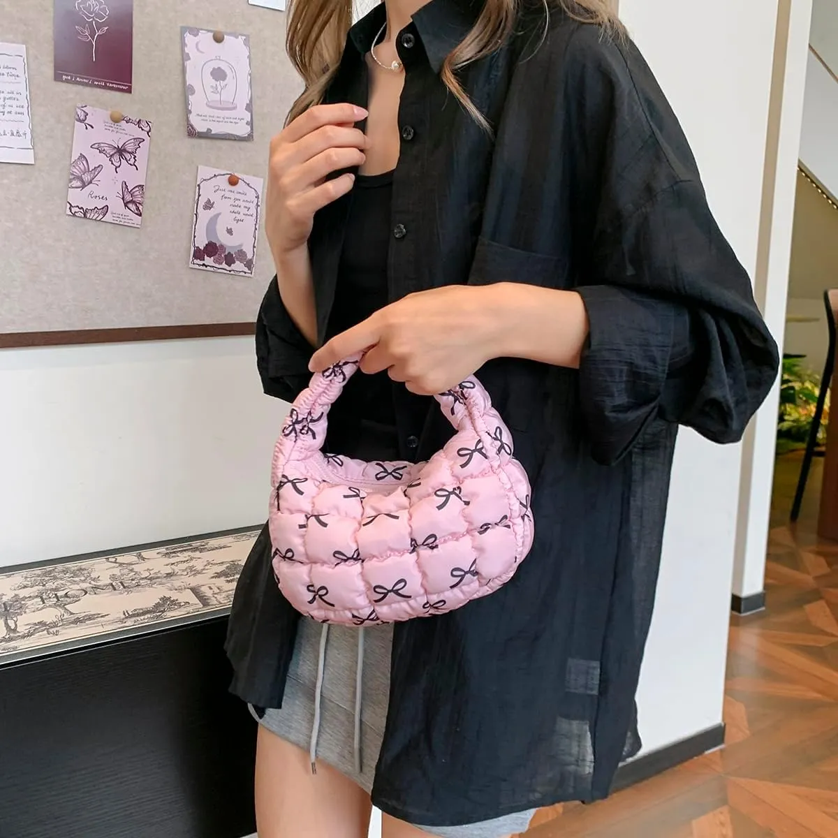 Lmbabter Bow Tote Bag for Women Small Quilted Handbag Purse Lightweight Puffer Hobo Bag Pouch Stylish Carryall Daypack