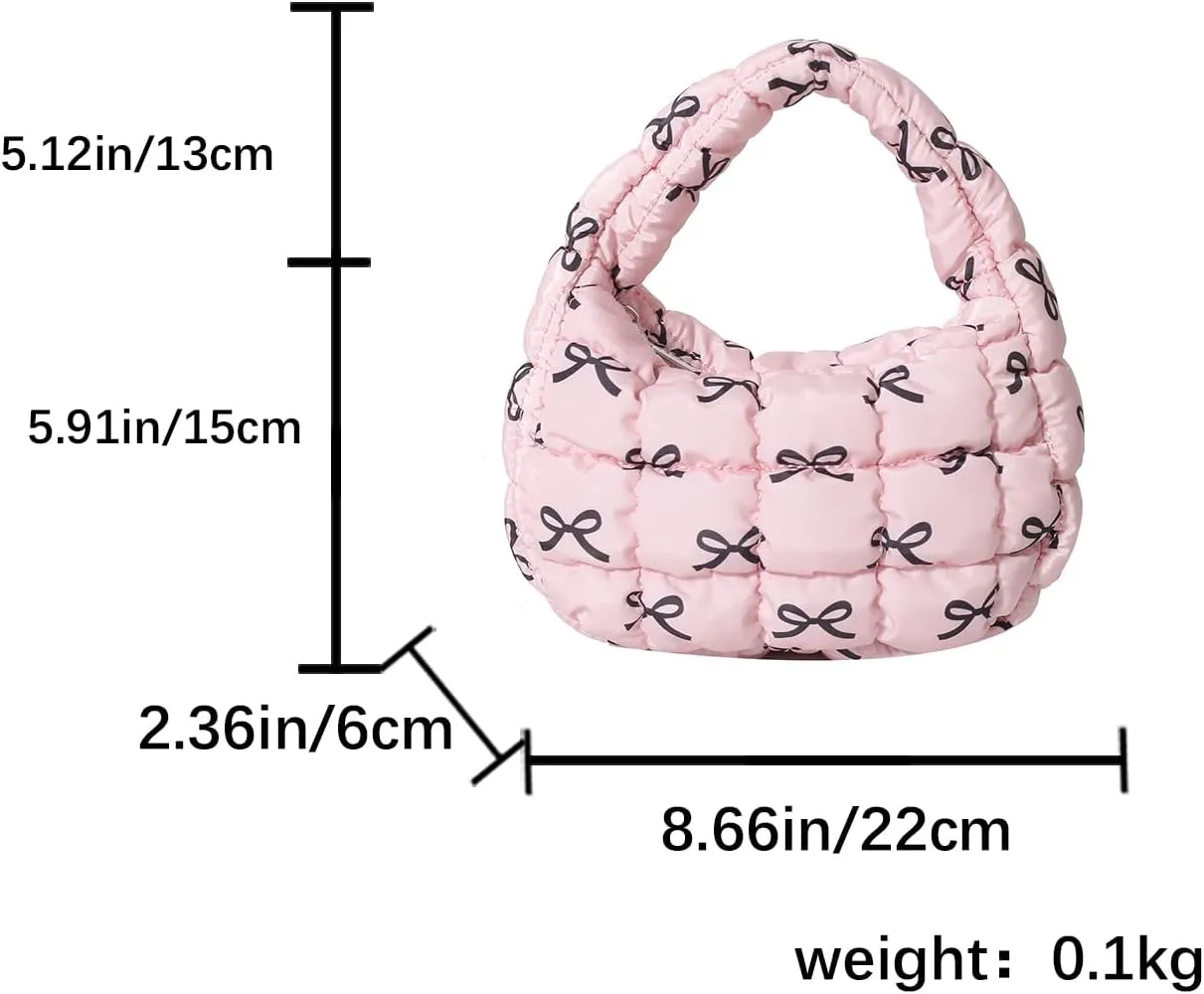 Lmbabter Bow Tote Bag for Women Small Quilted Handbag Purse Lightweight Puffer Hobo Bag Pouch Stylish Carryall Daypack