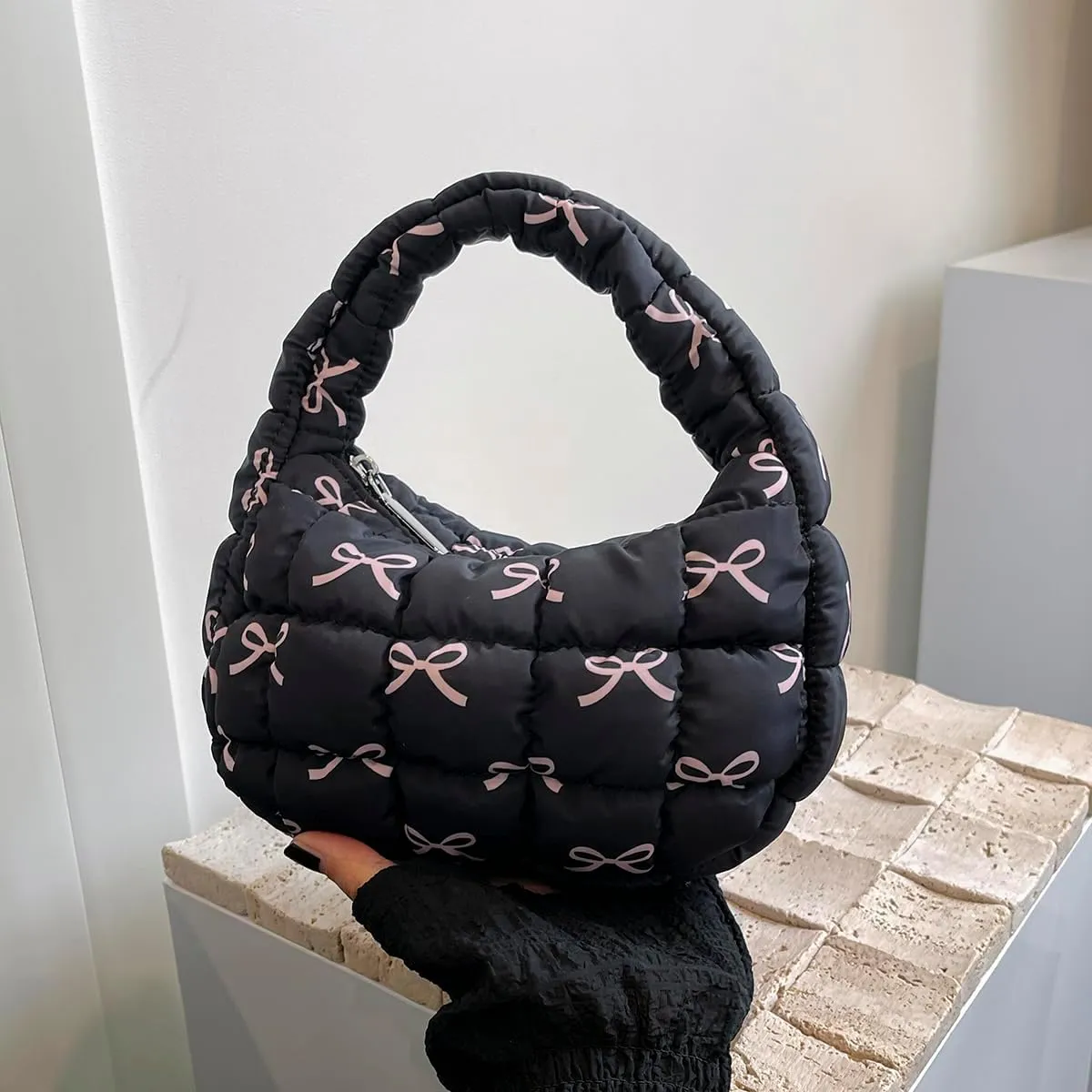 Lmbabter Bow Tote Bag for Women Small Quilted Handbag Purse Lightweight Puffer Hobo Bag Pouch Stylish Carryall Daypack