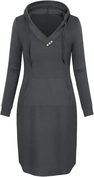 Long Sleeve Dress for Women Fall Winter Vintage V Neck Solid Hooded Dresses Causal Dressy Work Drawstring Hoodies