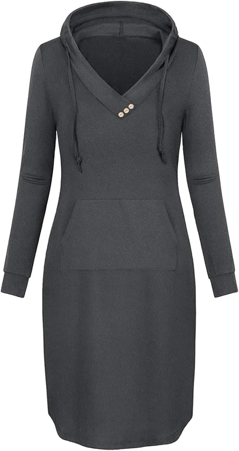 Long Sleeve Dress for Women Fall Winter Vintage V Neck Solid Hooded Dresses Causal Dressy Work Drawstring Hoodies
