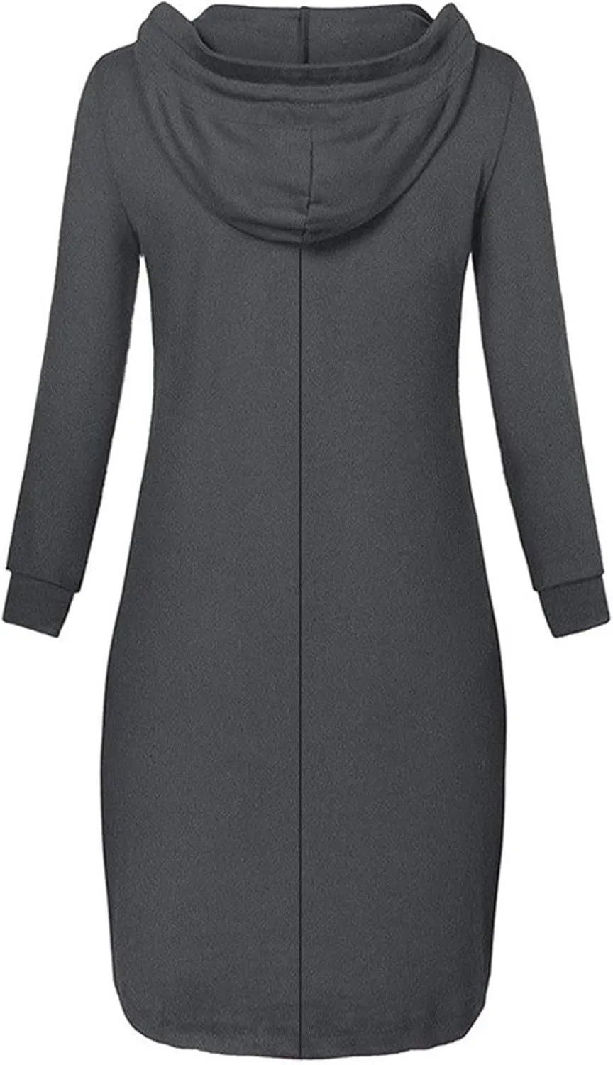 Long Sleeve Dress for Women Fall Winter Vintage V Neck Solid Hooded Dresses Causal Dressy Work Drawstring Hoodies