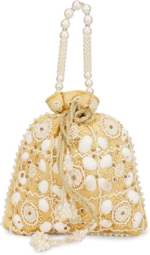 LONGING TO BUY Women's Stylish Indian Evening Handbag & Polti Bag with White Pearl Handle & Handmade Embrodiery