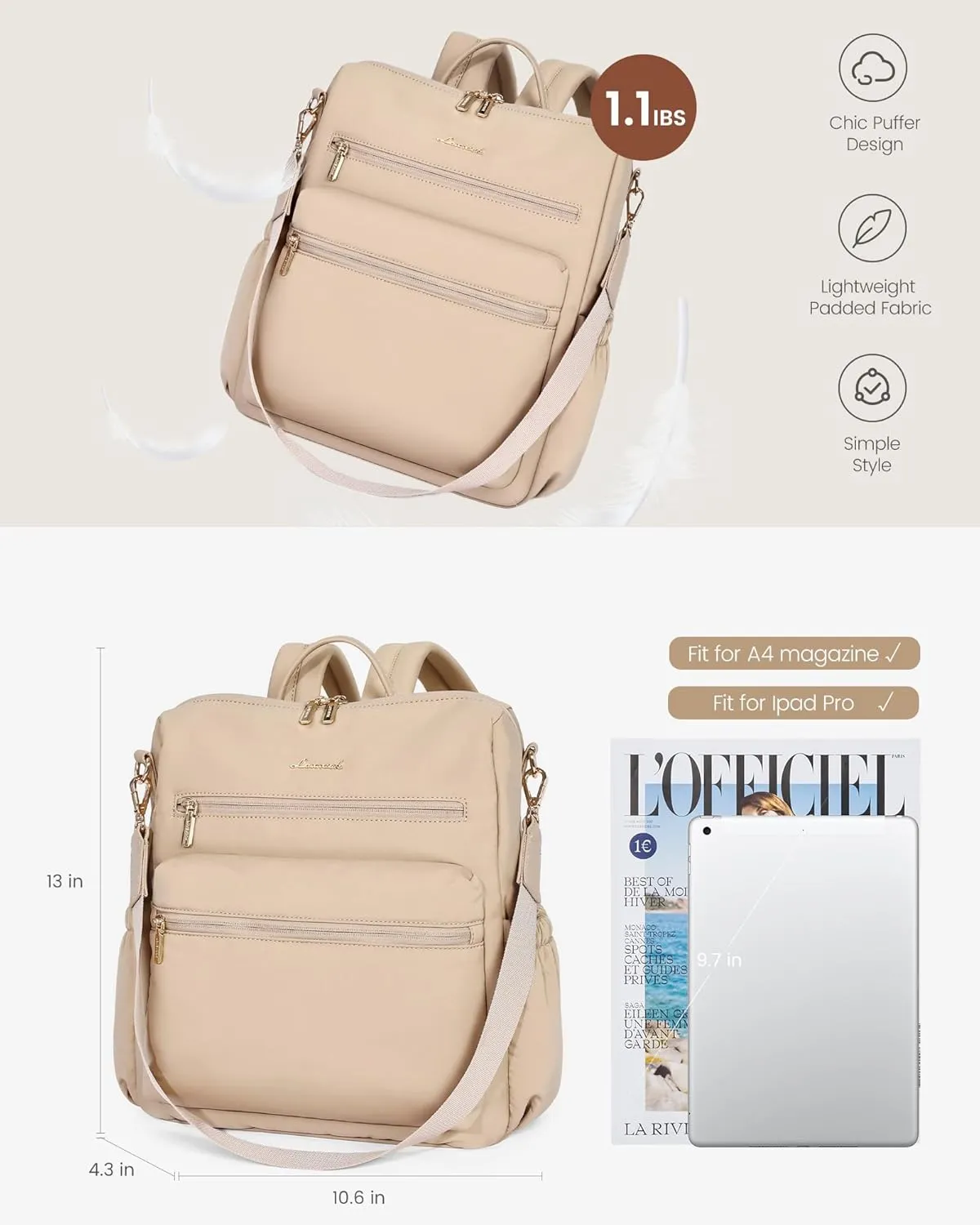 LOVEVOOK Backpack Purse for Women, 13 Inches Lightweight Small Backpacks for women,Puffer Mini Backpack for Women, Convertible Shoulder Bags, Work Travel Daily Purses Handbags