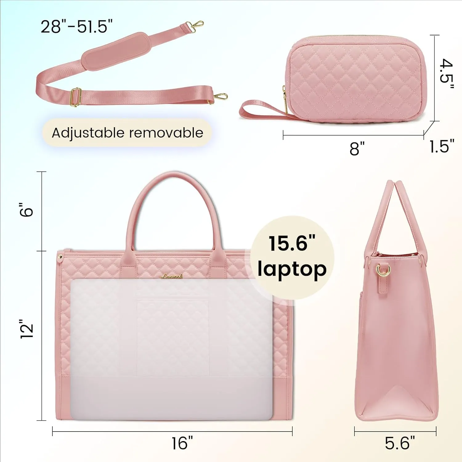 LOVEVOOK Laptop Bags for Women, 15.6 inch Waterproof Work Tote Bag with Clutch, Professional Teacher Computer Purse Lightweight Shoulder Bag Travel, Quilted Pink