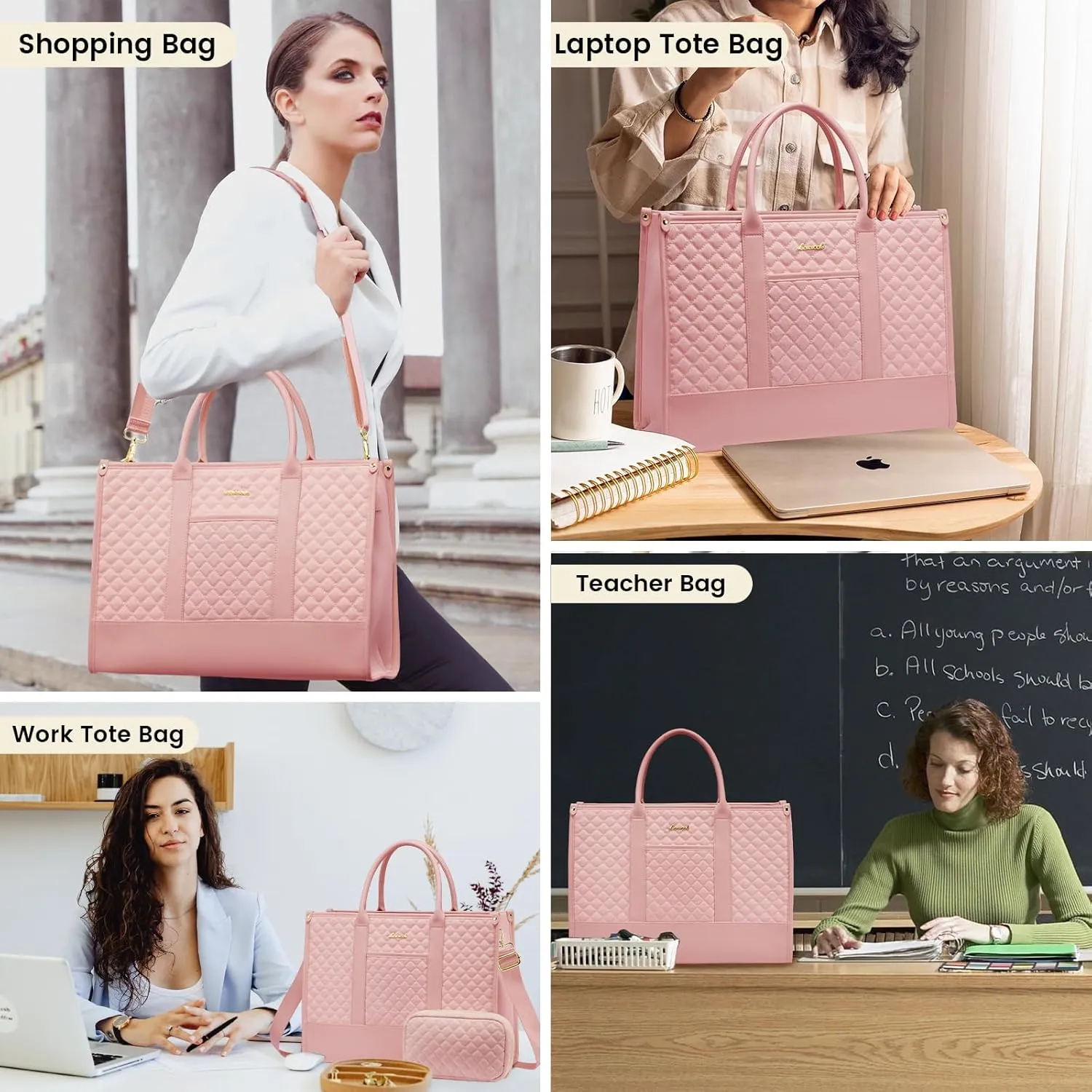 LOVEVOOK Laptop Bags for Women, 15.6 inch Waterproof Work Tote Bag with Clutch, Professional Teacher Computer Purse Lightweight Shoulder Bag Travel, Quilted Pink