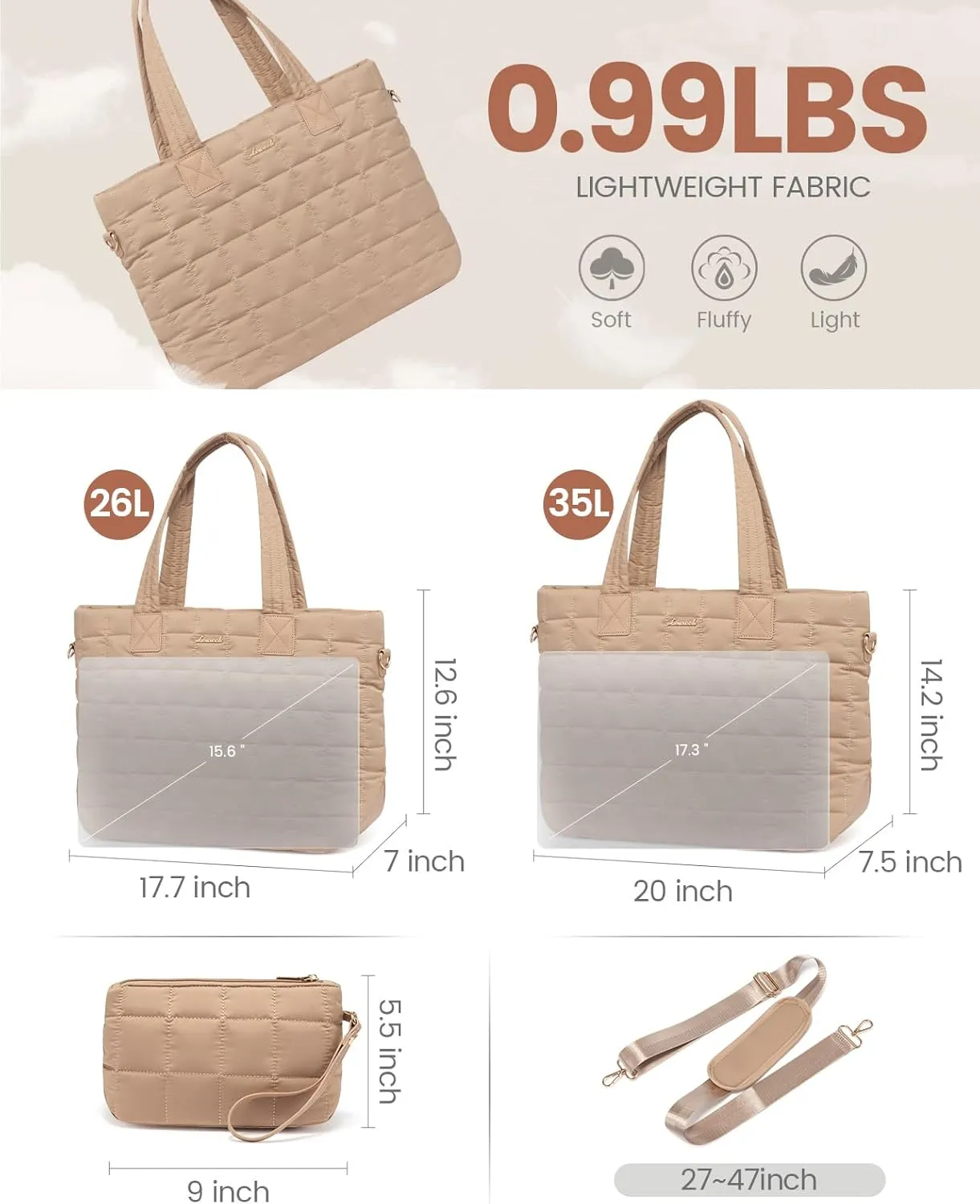 LOVEVOOK Tote Bag for Women, Large Puffer Tote Bag with Zipper Quilted Light Work Bag
