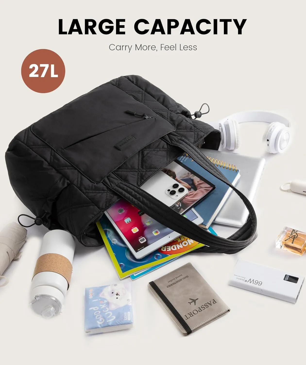 LOVEVOOK Tote Bag for Women, Puffer Bag and Work Bags with Zipper for Travel, Daily, School, Quilted Nurse Shoulder, 2pcs