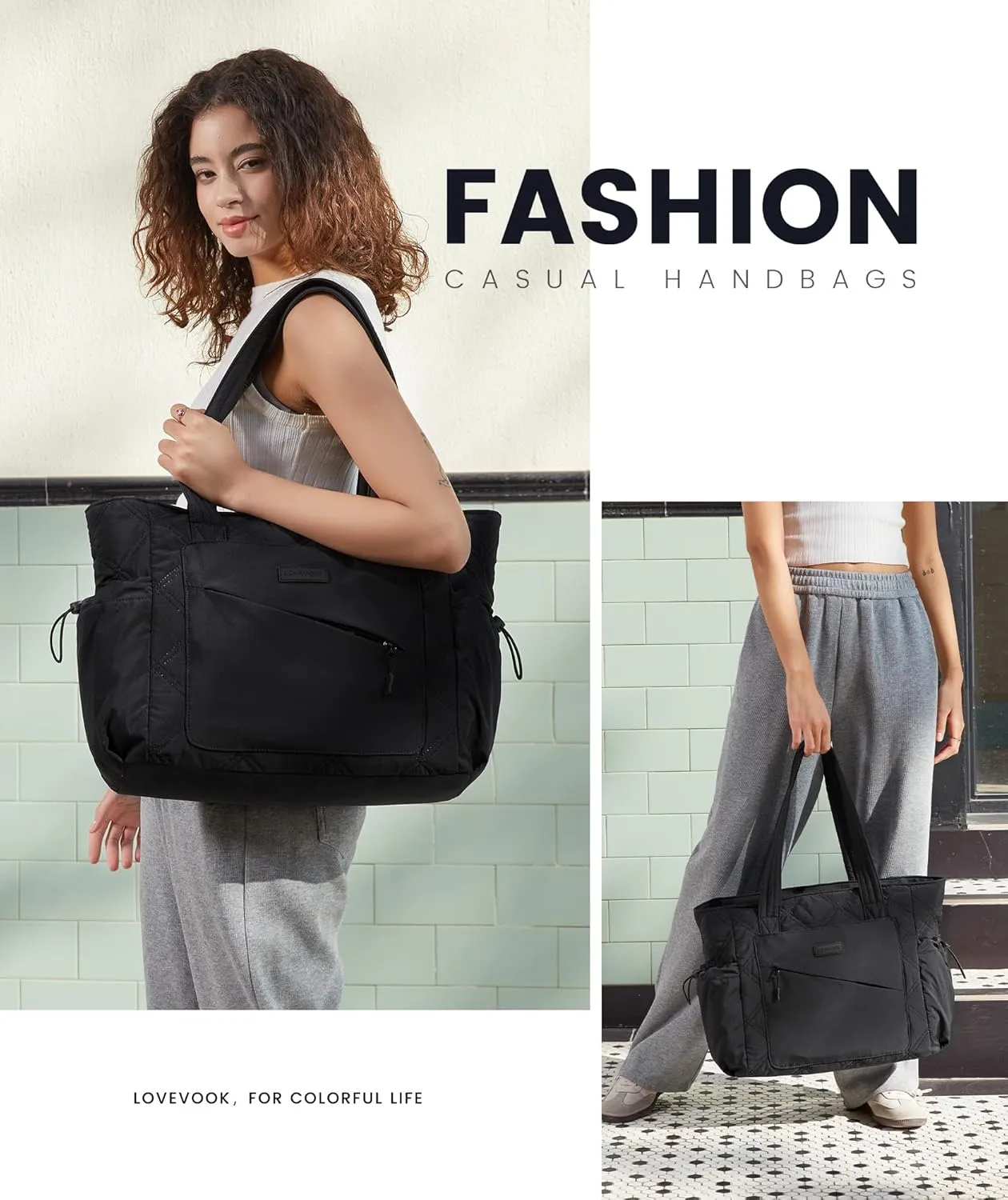 LOVEVOOK Tote Bag for Women, Puffer Bag and Work Bags with Zipper for Travel, Daily, School, Quilted Nurse Shoulder, 2pcs