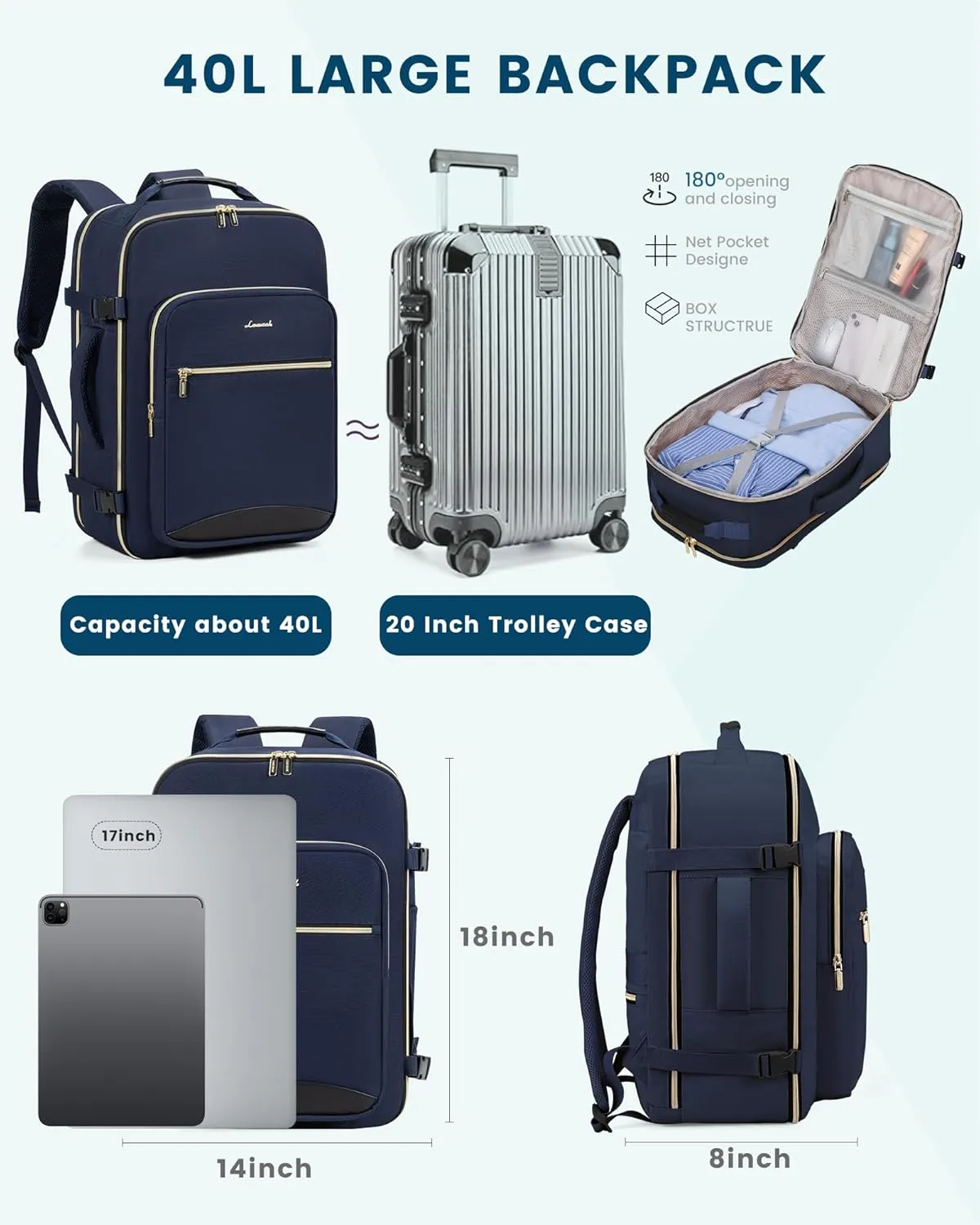 LOVEVOOK Travel Backpack as Personal Item Flight Approved, 40L Luggage Carry On Backpack, 17inch Laptop Backpack with Toiletry Bag for Airplanes Daypack for Weekender Overnight Hiking,Blue
