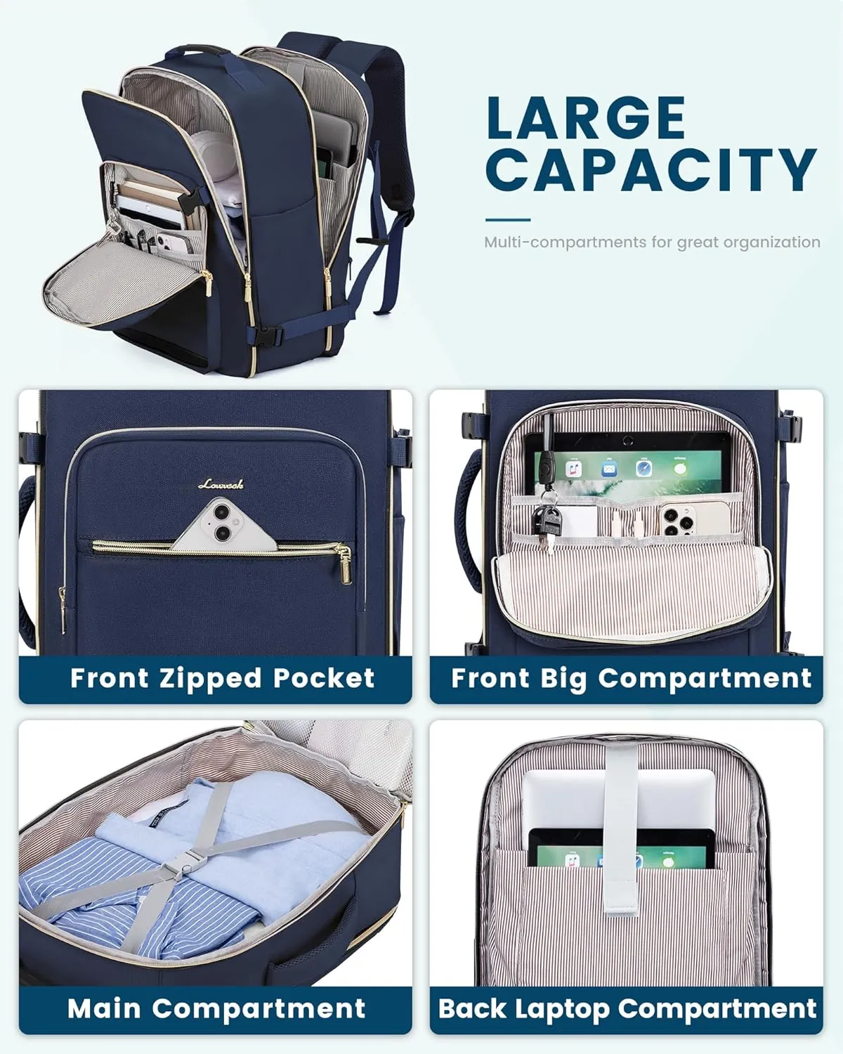 LOVEVOOK Travel Backpack as Personal Item Flight Approved, 40L Luggage Carry On Backpack, 17inch Laptop Backpack with Toiletry Bag for Airplanes Daypack for Weekender Overnight Hiking,Blue
