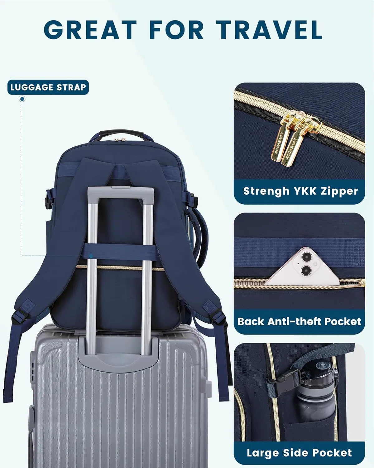 LOVEVOOK Travel Backpack as Personal Item Flight Approved, 40L Luggage Carry On Backpack, 17inch Laptop Backpack with Toiletry Bag for Airplanes Daypack for Weekender Overnight Hiking,Blue