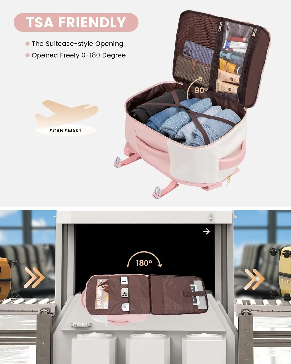 LOVEVOOK Travel Backpack, Carry On Backpack for Women, 40L Flight Approved Personal Item Backpack, Large Water Resistant Luggage Daypack with 3 Packing Cubes, fits 17inch Laptop, Beige-Pink