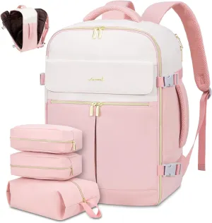 LOVEVOOK Travel Backpack, Carry On Backpack for Women, 40L Flight Approved Personal Item Backpack, Large Water Resistant Luggage Daypack with 3 Packing Cubes, fits 17inch Laptop, Beige-Pink