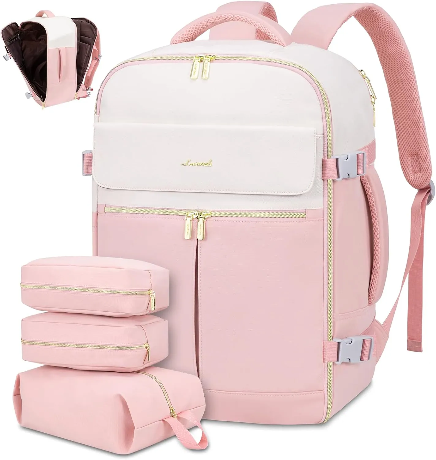 LOVEVOOK Travel Backpack, Carry On Backpack for Women, 40L Flight Approved Personal Item Backpack, Large Water Resistant Luggage Daypack with 3 Packing Cubes, fits 17inch Laptop, Beige-Pink