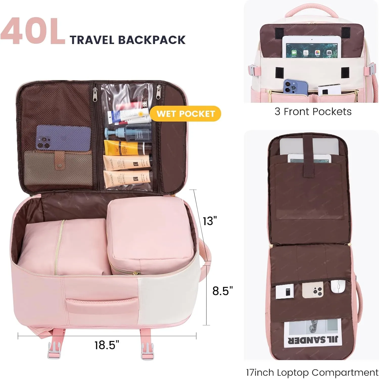 LOVEVOOK Travel Backpack, Carry On Backpack for Women, 40L Flight Approved Personal Item Backpack, Large Water Resistant Luggage Daypack with 3 Packing Cubes, fits 17inch Laptop, Beige-Pink