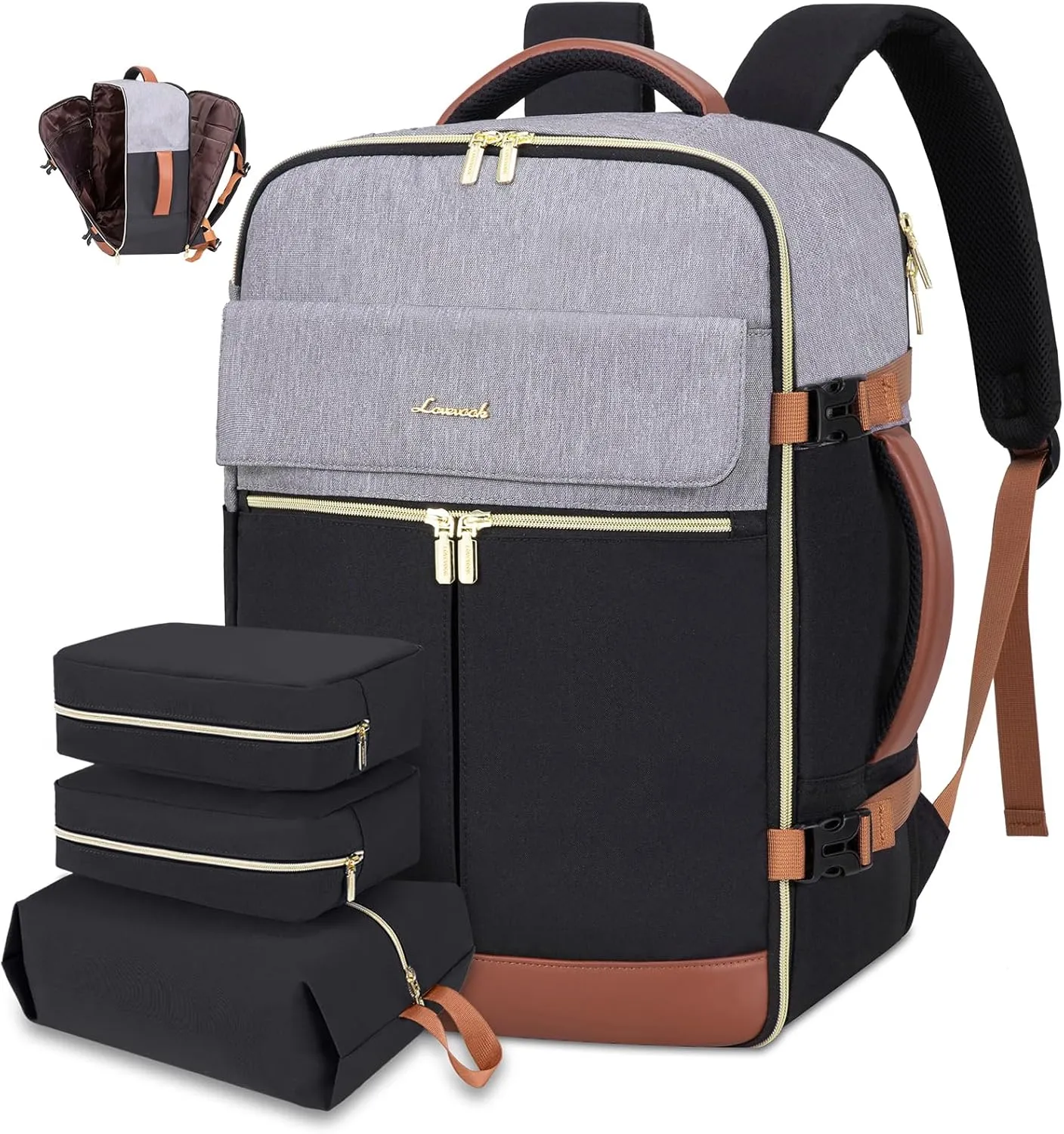 LOVEVOOK Travel Backpack, Carry On Backpack for Women, 40L Flight Approved Personal Item Backpack, Large Water Resistant Luggage Daypack with 3 Packing Cubes, fits 17inch Laptop, Grey-Black-Brown