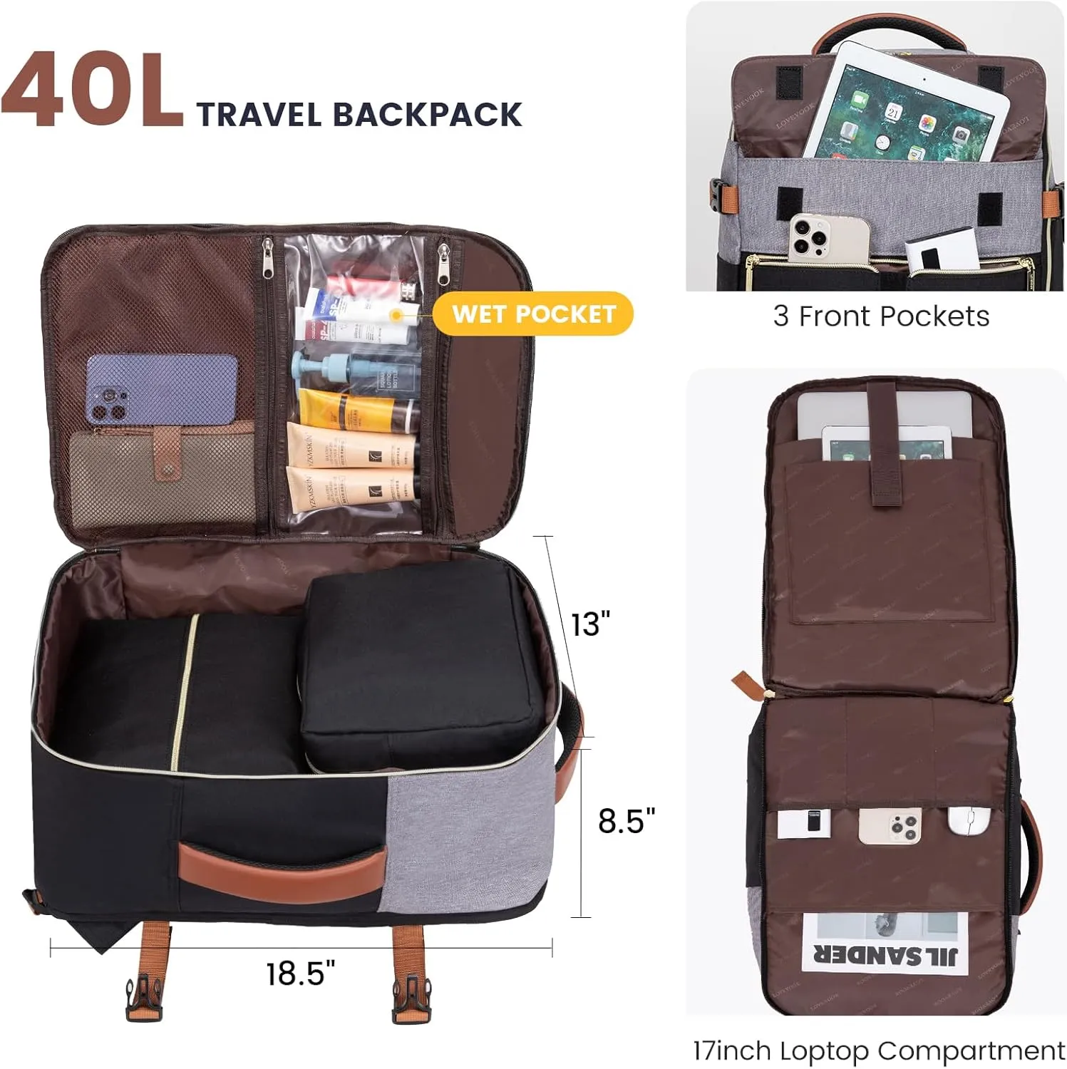 LOVEVOOK Travel Backpack, Carry On Backpack for Women, 40L Flight Approved Personal Item Backpack, Large Water Resistant Luggage Daypack with 3 Packing Cubes, fits 17inch Laptop, Grey-Black-Brown