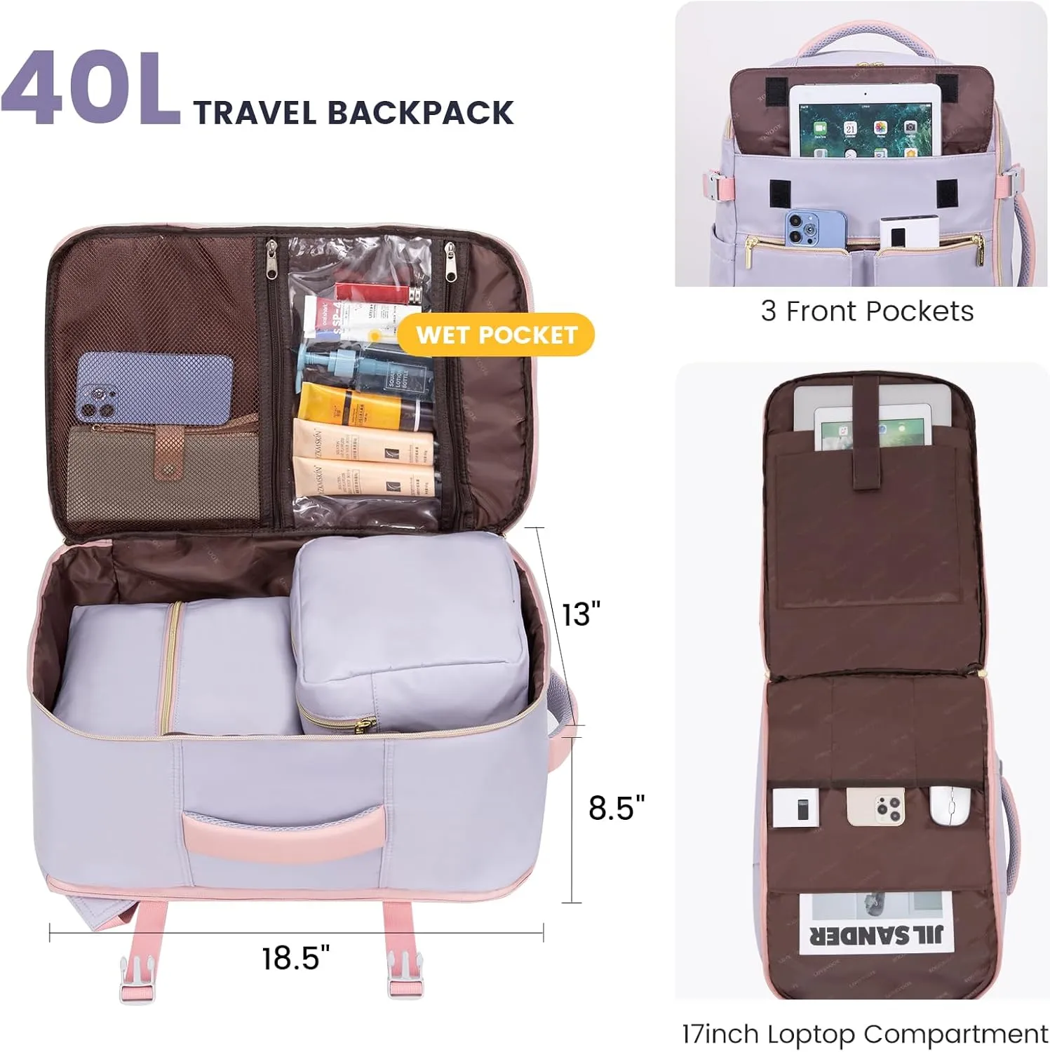 LOVEVOOK Travel Backpack, Carry On Backpack for Women, 40L Flight Approved Personal Item Backpack, Large Water Resistant Luggage Daypack with 3 Packing Cubes, fits 17inch Laptop, Light Purple-Pink
