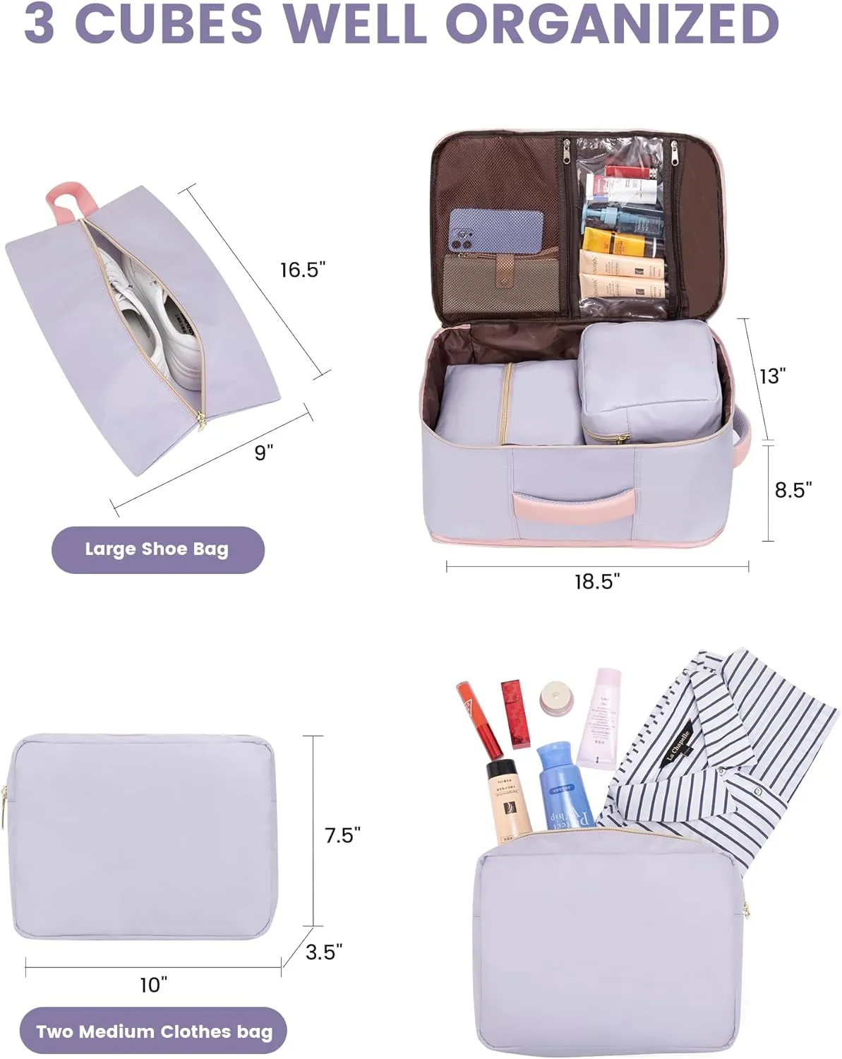LOVEVOOK Travel Backpack, Carry On Backpack for Women, 40L Flight Approved Personal Item Backpack, Large Water Resistant Luggage Daypack with 3 Packing Cubes, fits 17inch Laptop, Light Purple-Pink