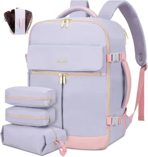 LOVEVOOK Travel Backpack, Carry On Backpack for Women, 40L Flight Approved Personal Item Backpack, Large Water Resistant Luggage Daypack with 3 Packing Cubes, fits 17inch Laptop, Light Purple-Pink