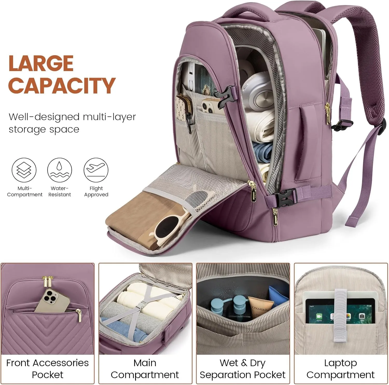 LOVEVOOK Travel Backpack for Women, TSA Personal Item Travel Bag fits 17.3" Laptop, Carry On Backpack for Weekender Business Hiking, Purple
