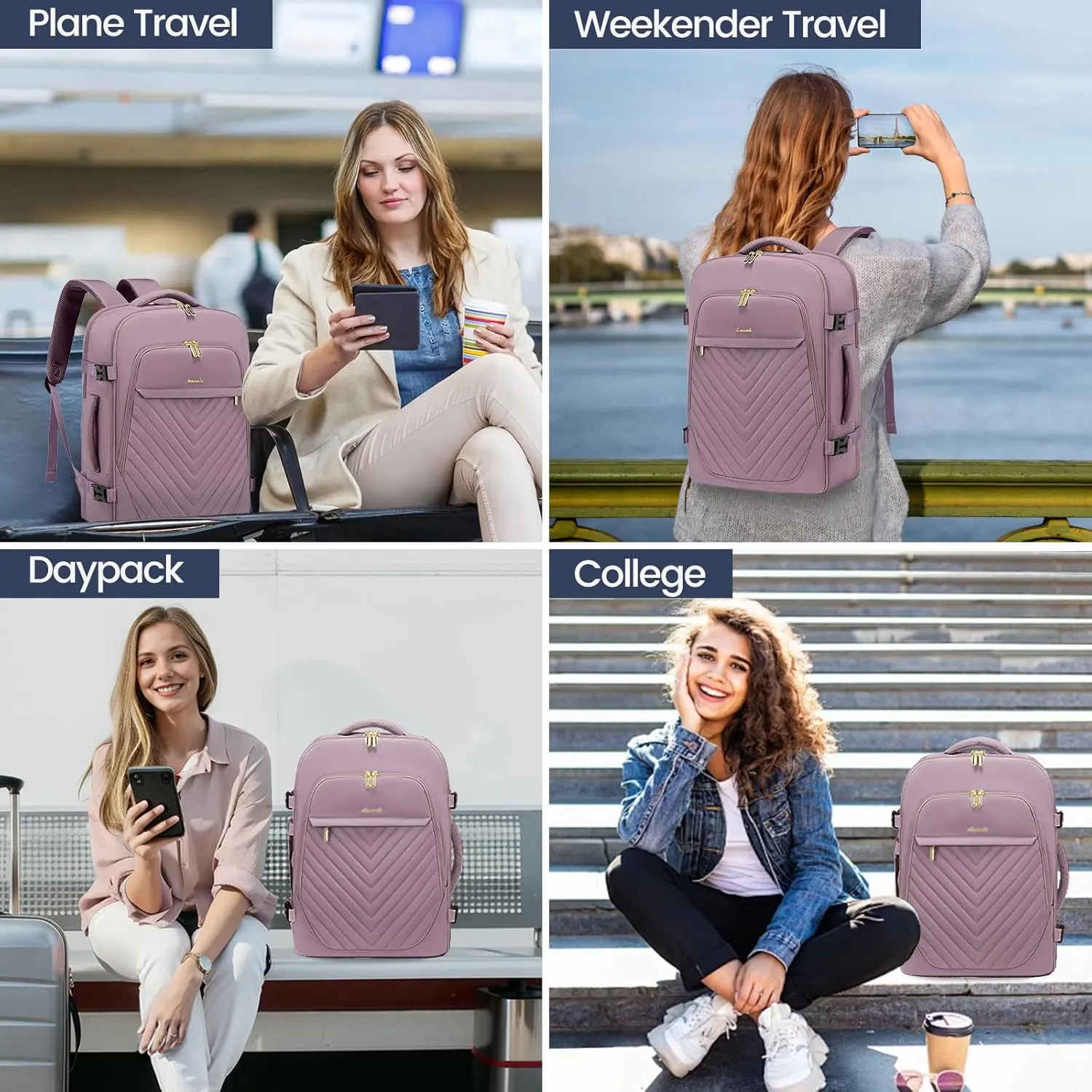 LOVEVOOK Travel Backpack for Women, TSA Personal Item Travel Bag fits 17.3" Laptop, Carry On Backpack for Weekender Business Hiking, Purple