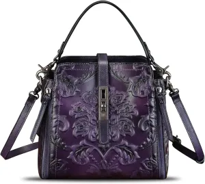LRTO Genuine Leather Purses and Handbags for Women Retro Embossed Crossbody Shoulder Bag Satchel Pouch