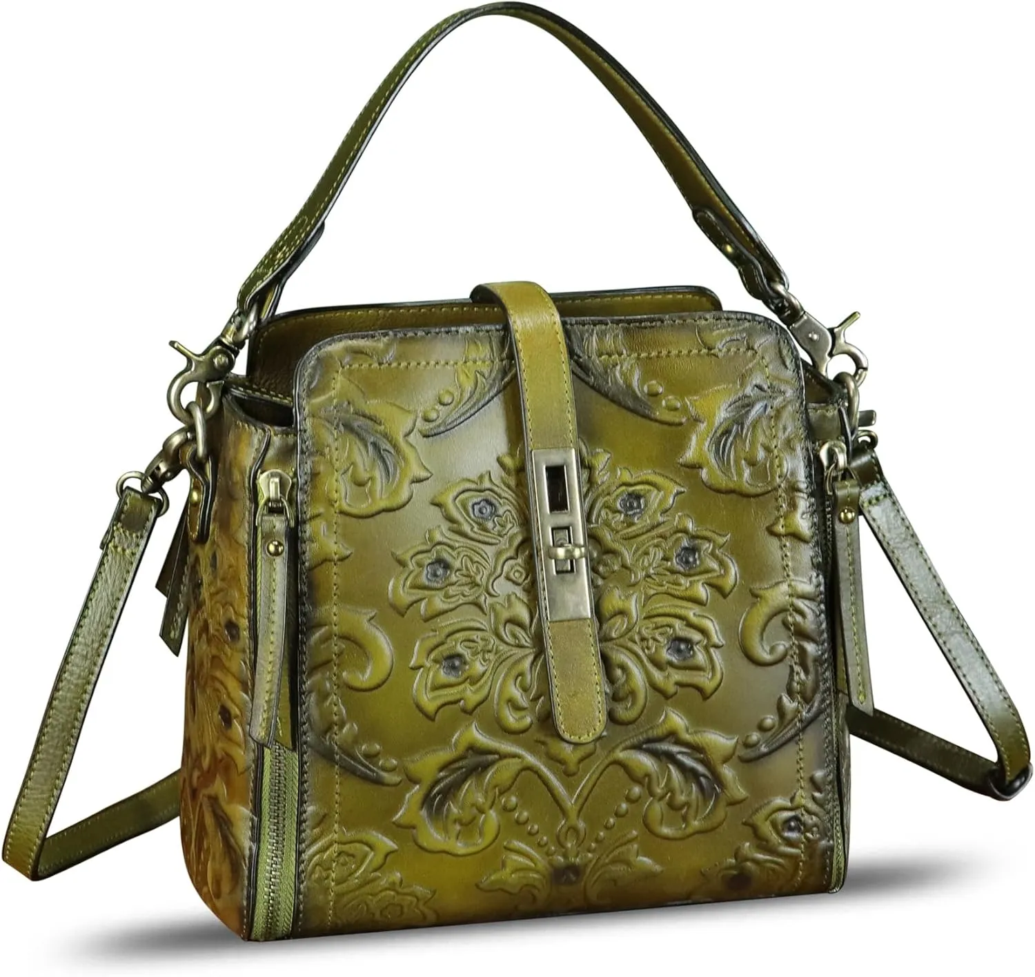 LRTO Genuine Leather Purses and Handbags for Women Retro Embossed Crossbody Shoulder Bag Satchel Pouch