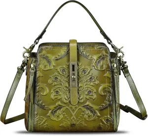 LRTO Genuine Leather Purses and Handbags for Women Retro Embossed Crossbody Shoulder Bag Satchel Pouch