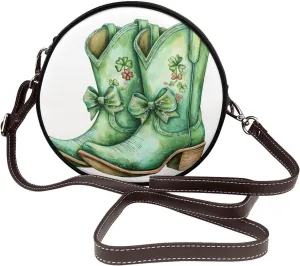 Luck And Hope Four-Leaf Clover Women Round Crossbody Bags Leather Sling Bag Purse