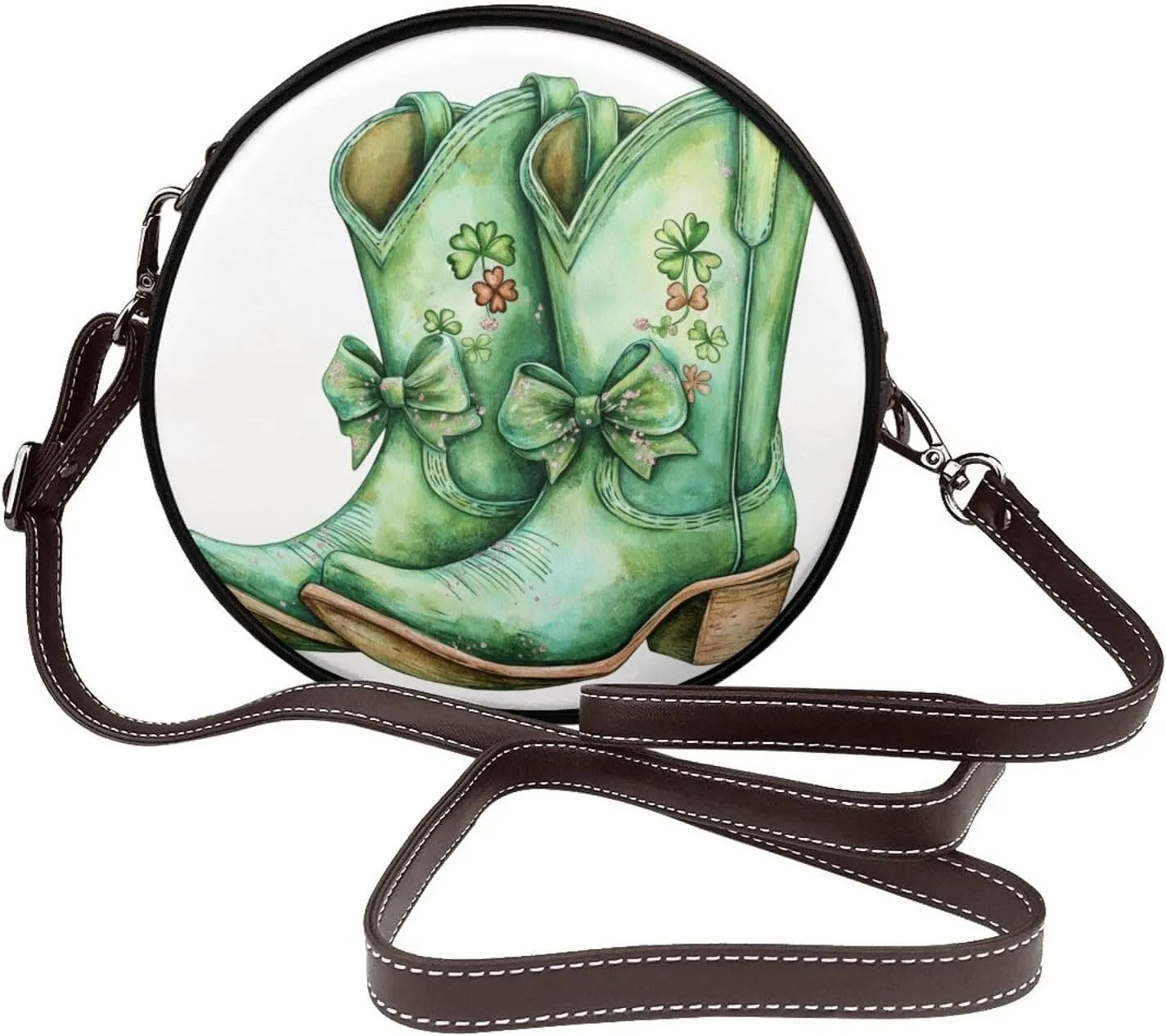 Luck And Hope Four-Leaf Clover Women Round Crossbody Bags Leather Sling Bag Purse