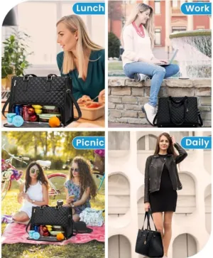 Lunch Tote Bag for Women 2 in 1 Tote Bag Lunch Bag Combo 15.6 Inch Laptop Bag with Lunch Compartment Quilted Lunch bag for Work Office College