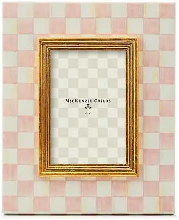MACKENZIE-CHILDS Enamel Frame, Cute Rectangular Family Picture Frame, Pink-and-White Rosy Check, 4" x 6"