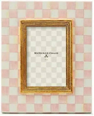 MACKENZIE-CHILDS Enamel Frame, Cute Rectangular Family Picture Frame, Pink-and-White Rosy Check, 4" x 6"