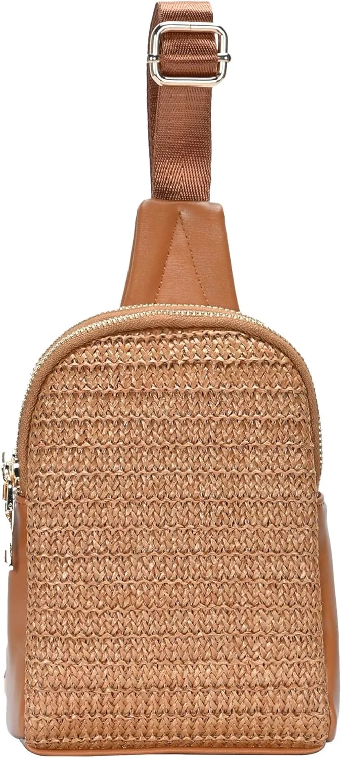 Madison West Nyxx Mini Sling Purse| Crossbody Sling Bag for Women with Adjustable Strap | Vegan Leather, Cork & Straw |